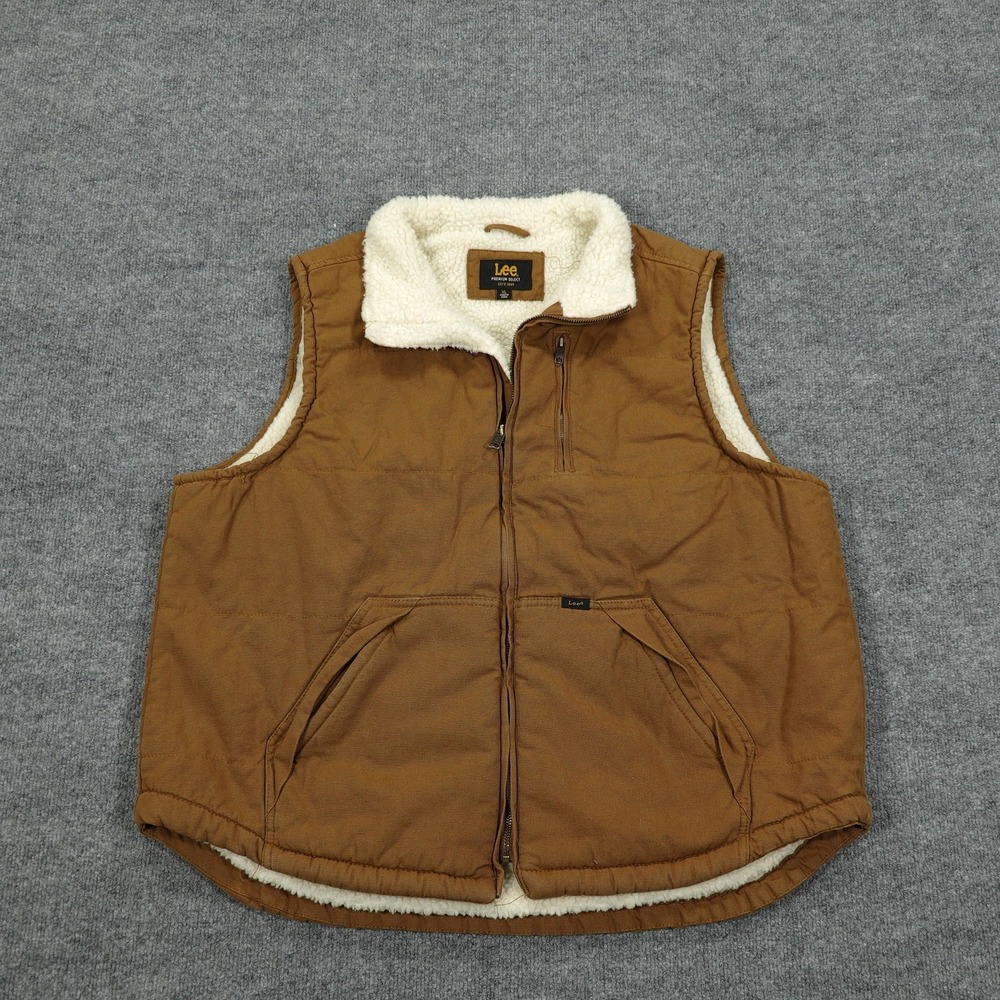 Lee Vest Mens XL Brown Quilted Lined Insulated Full Zip Pockets Canvas
